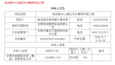 【標(biāo)訊】公司中標(biāo)臨洮縣中心城區(qū)污水管網(wǎng)改造工程