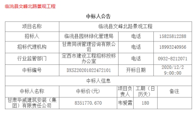 【中標公告】公司中標臨洮縣文峰北路景觀工程